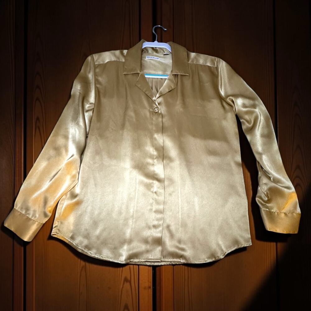 Vintage 70s David Brooks Gold Satin Blouse Size 10 Button-Down Long Sleeve Disco